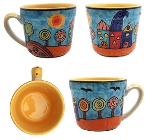 Gall&Zick Handbemalte Keramik-Kaffeetassen, Buntes Stadtmotiv, Gelbes Inneres, 2er-Set