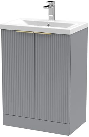 Balterley Vanity Unit with Basin Floor Standing, Soft Close 2 Door with Mid Edge Sink, Bathroom Vanity Units with Basin, Fluted Front Sink Cabinet - 610 x 390 x 850mm (Grey)