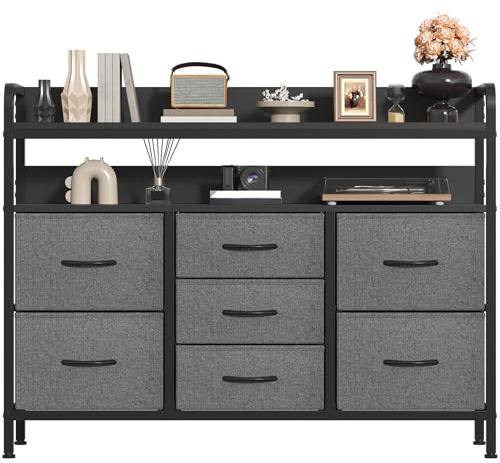 Feonase 7-Drawer Fabric Chest Of Drawers for Bedroom - 4 Large and 3 Small Drawers with Handles, Storage Organizer with Open Shelf & Sturdy Metal Frame, Ideal for Living Room/Entryway (Deep Gray)