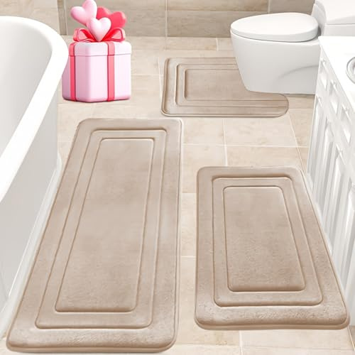 Wlian Lot de 3 tapis de bain en mousse à mémoire de forme antidérapants, absorbants, imperméables, doux pour le bain et la toilette, doux (beige 120 x 50 cm + U50 x 60 cm + 50 x 80 cm)