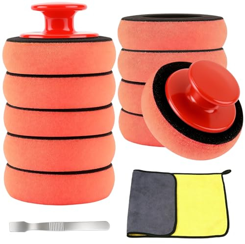 HavaCue 10 Stück Polierschwamm Auto Set, 90 mm Polierpads Schwamm mit Griff | Handpolierschwamm Auto mit Poliertuch und Schaber, für Autos, Motorrad, Glas, Möbel Polieren und Wachsen