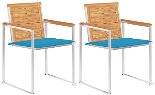 Owoxanthellate 2er Teak-Edelstahl Gartenstühle 60×56×85 cm, wetterfest, Blaue Sitzkissen, faltbar, Terrassenstühle
