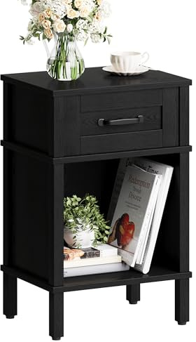YAUKTAK Nachttisch Beistelltisch Bedside Table Schwarz LET512B | mit 1 Schubladen and Griff Offenes , Fach Couchtisch ,Holz Nachtschrank für Schlafzimmer Wohnzimmer