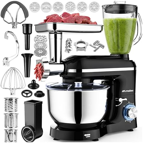 MalTec Küchenmaschine 3in1 2000W 6,2L mit Planetenrührwerk, Mixeraufsatz 1,5 L, Fleischwolf, Nudelaufsätze & Zerkleinerer - Knetmaschine, Schlagen, Mixen, Cremes, Smoothies, Cocktails