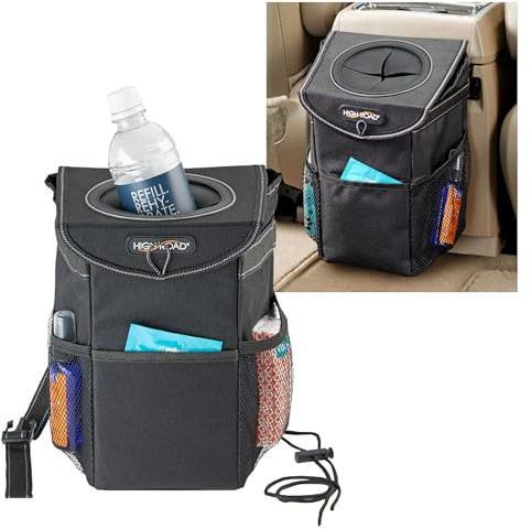 High Road StashAway Car Trash Rubbish Bin with Lid and Storage Pockets