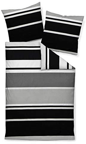 Janine Bettwäsche Set J.D. 87010 Farbe 08 Platin Graphit in Mako Satin 100% Baumwolle Streifen Design, Größe:240x220 cm + 2 x 80x80 cm