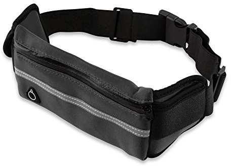EmpireAthletics - Neopren Hüfttasche (Hüftumfang von 70-100 cm) für alle Smartphones mit Schlüsselfach, Kopfhöreranschluss und Steckschließe - Sport Jogging Bauchtasche Laufgürtel in SCHWARZ
