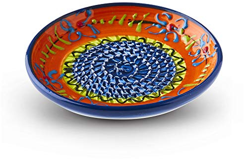 Garlic Grater Plate. (#Ref 22). Handmade and Hand Painted in Cordoba, Spain. Orange Plate with Blue and Yellow Circle with Blue Rim, Oriental Pattern.