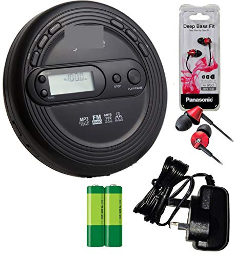 Premium Retro MP3 CD Discman, PLL Digital FM Radio. CD-R, CD-RW, MP3 CDs (Audio Books). Anti-Skip Protect, Large Digital Display, Bass Tone Boost. Inc LOUD Bass Boost Earphones (Red), Batteries, Black