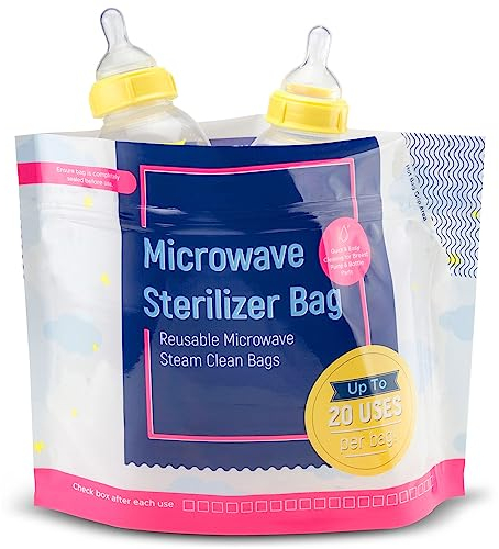 IMPRESA 15 Pack Microwave Baby Bottle Sterilizer Bags - 300 Uses Per Pack - Travel Baby Bottle Cleaner Microwave Sterilizer Bag - Breast Feeding Baby Travel Accessories - Use with Soothers & Teethers