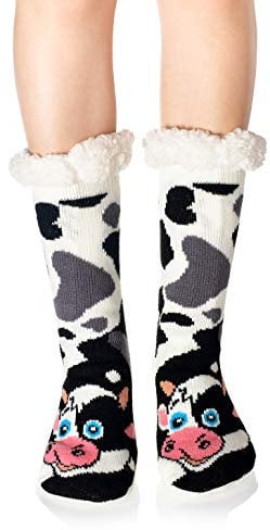 WOTENCE Hausschuhe Socken Damen Wollsocken Wintersocken Soft Warm Niedlichen Tier Winter Anti-Rutsch Socken Damen Thermosocken (Kuh)