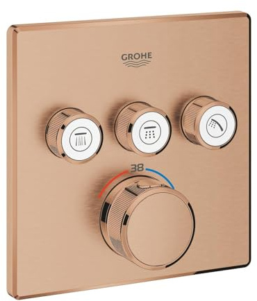 GROHE Grohtherm Smartcontrol, Unterputz Thermostat Dusche und Badewanne (3 Absperrventile, ultraflaches Design, Wandrosette aus Metall, Fertigmontageset, ohne Rohbau-Set SmartBox), roségold, 29126DL0