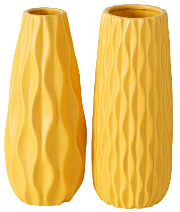 Kultige Scandi-Vasen, geriffelt, 2er-Set, kräftiges Pop-Gelb, glatt glasiert, Keramik, Steingut, moderne Tischdekoration, 24,1 cm hoch