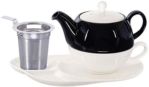 Buchensee Tea for One mit Sieb Lena 500ml aus Crystal Bone China Porzellan in schwarz-weiß. Teekanne + Teetasse + Untersetzer mit Ablageflächen + Sieb