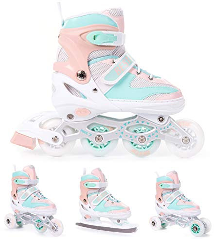 BESTIF Inliner für Kinder und Erwachsene Inline Skates 4in1 Rollschuhe Schlittschuhe Verstellbar (Türkis-Orange, 34-37)