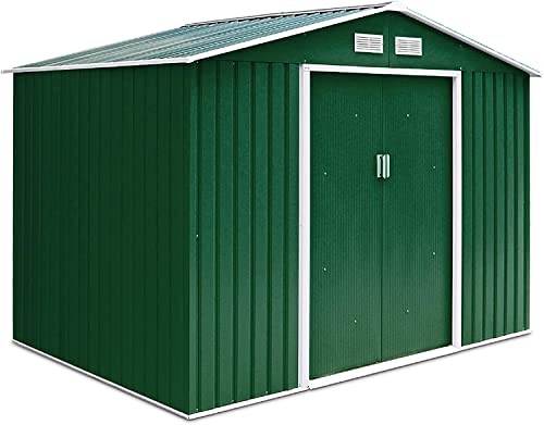 GIANTEX-Gabinete de Almacenamiento de Herramientas de Jardín Grande con Base, Cobertizo de Jardín con 2 Puertas Correderas y 2 Contraventanas (Verde Oscuro)