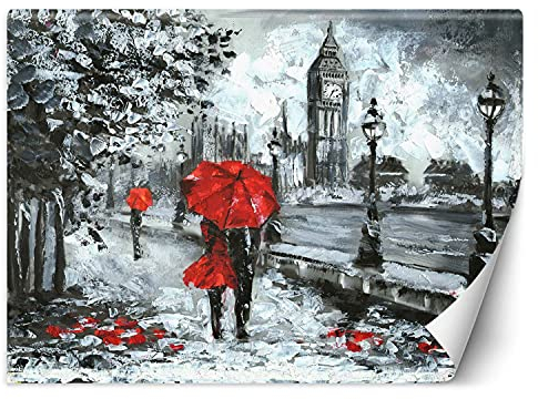 Feeby Fototapete XXL England London Aquarell 400x280 cm Rot Vliestapete Moderne Design Wandtapete Küche Flur Wohnzimmer Büro Badezimmer Kinderzimmer Themse Big Ben Gehen Mit Regenschirm