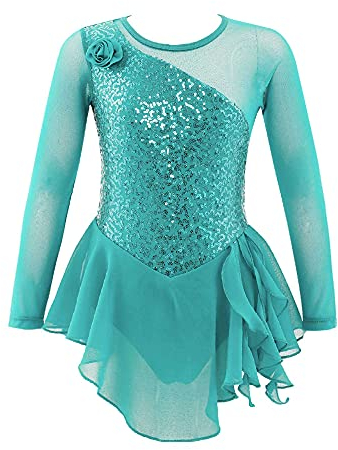 iEFiEL Kinder Mädchen Eiskunstlauf Kleid Langarm Swing Schaukel Tanzkleid Pailletten Ballettkleid Body Glitzer Trikot Turnanzug Gr. 104-176 A Minzgrün 140