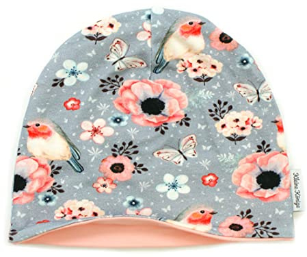Kleine Könige Mütze Kinder Mädchen Beanie · Modell Blumen Vögel Birds grau, Altrosa · Ökotex 100 Zertifiziert · Größe 122/128 (KU 52-54)