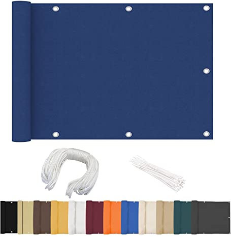 Balkonumspannung, 110x800cm, Sichtschutz Balkonbespannung, Wind&UV Schutz Wasserdicht, Gewebe Netz mit Kabelbinder, für Gartenzaun & Balkongeländer - Blau