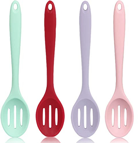 4 PCS Colorful Silicone Serving Spoons - Small Slotted Spoons for Straining Oil, Juices & Serving