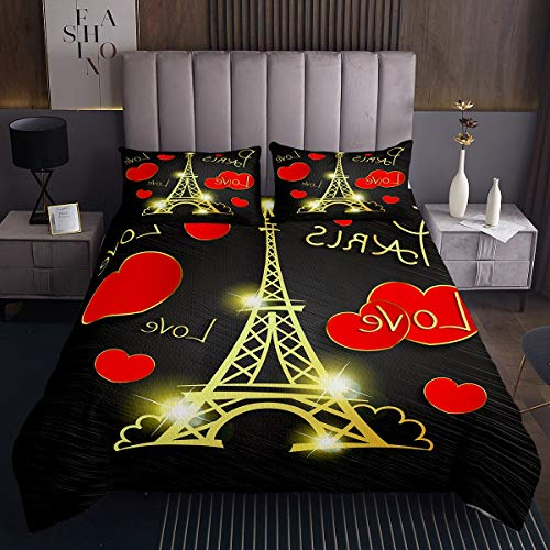 Mädchen Eiffelturm Steppdecke Chic Paris Thema Tagesdecke 220x240cm Girly süßes rotes Herz Bettüberwurf für Kinder Luxus Golden Schwarz French Stil