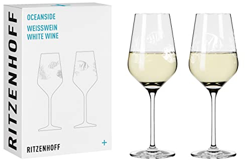 RITZENHOFF 3821001 Weißweinglas 300 ml – 2er Set – Serie Oceanside Nr. 1 – 2 Stück mit Fischmotiv – Made in Germany, Weiß
