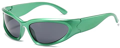 YUELUQU Futuristisch Sonnenbrillen Fahrradbrille für damen herren Y2K Sportbrille UV400 Schutz party brille rennrad brille (Grün(R)-Grau(L))