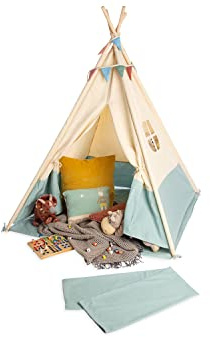 Pinolino Tipi Yuma - Tienda de campaña de Tela y Madera con Ventana, Alfombra de Suelo y Bolsa de Almacenamiento, para niños a Partir de 3 años, Tela con Tonos Pastel y banderines