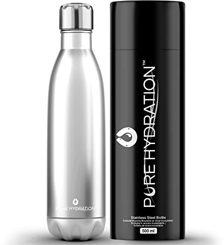 Pure Hydration - Stainless Steel Water Bottle 500ml - Vacuum Insulated Metal Water Bottle - 12 Hours Hot & 24 Hours Cold Drinks – BPA Free -Flask for Gym Cycling Work Hiking