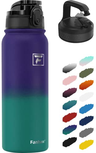Fanhaw 600ml Insulated Stainless Steel Water Bottle with 2 Lids - Leak & Sweat Proof with Anti-Dust Lid (Purple Green)