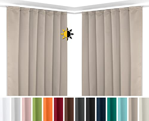 BEAUTEX 2er Set Kräuselband Verdunkelungsvorhang mit U-Band, Gardinen abdunkelnd und Blickdicht (B=140 cm, H=175 cm, Hellbraun)