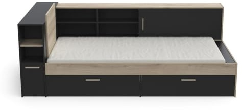 Demeyere Lit 90x190/200 Industriel Avec Rangement 2 Porte 6 Niches 2 tiroirs – Noir Mat und Chêne Clair 119,2 x 229,4 x 87,7 cm