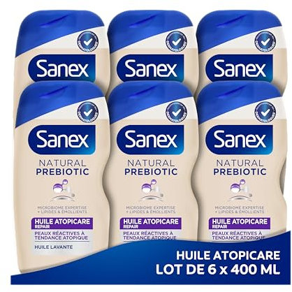 SANEX - Natural Prebiotic Atopicare Huile Réparatrice - Peau Sèche & Irritée - Hydratation 12h - Complexe Prébiotique & Postbiotique - Testé Sous Contrôle Dermatologique - Sans Sulfate* - 400mL x6