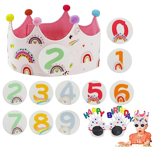 YPLonon Geburtstagskrone Kinder Geburtstagsdeko Krone Geburtstag Wiederverwendbare Stoffkrone mit Auswechselbaren Zahlen 0-9 mit Partybrillen Happy Birthday Krone Geburtstag Krone für Kinder