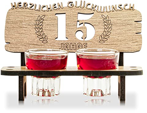 Munera Design - Schnapsbank mit 2 Gläsern Geschenkidee Jahreszahlen Jubiläum 15 Jahre