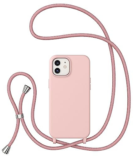 ZTOFERA Crossbody Lanyard Case for iPhone 12/12 Pro, Liquid Silicone Protective Phone Case with Strap Adjustable Neck Cord Necklace Soft Cover, Pink
