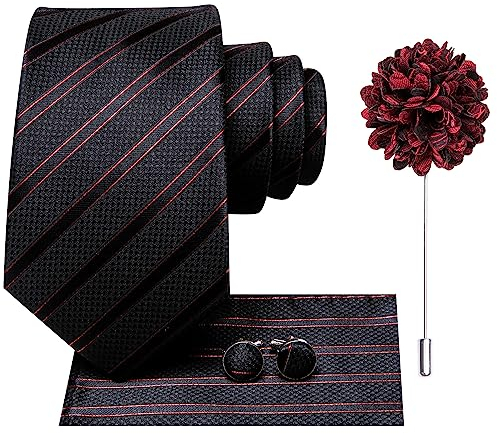 Hi-Tie Klassische Herren-Krawatte, Blume, Anstecknadel-Set, Seide, gewebt, Krawatte, Einstecktuch, Manschettenknöpfe, Rot, Rosa, Gold, Blau, Hochzeitskrawatte, schwarz / rot, M