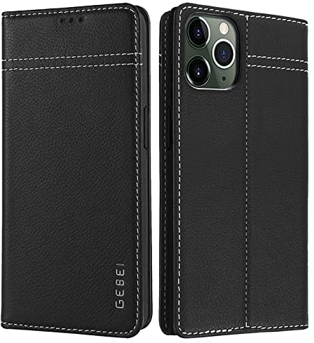 Hülle Echt Leder für iPhone 11 Pro Max (6,5) - Premium Lederhülle Klapphülle mit Standfunktion und Kartenfächer Flip Case Ledertasche für iPhone 11 Pro Max - 6,5 Zoll (Schwarz)