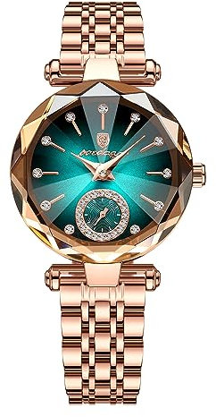 FORSINING Damen-Armbanduhr, Quarz, analog, luxuriös, Diamant-Armbanduhr, Edelstahl, wasserdicht, elegante Uhren, grün, Armband