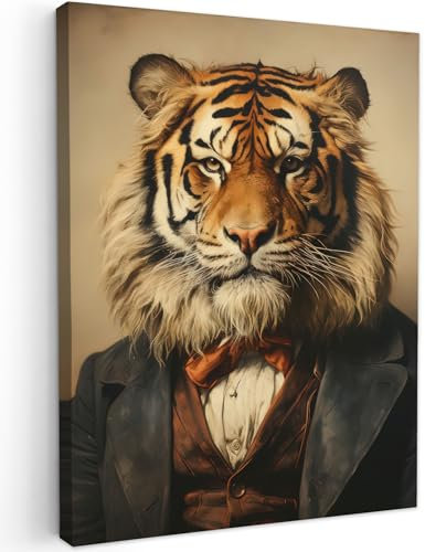 MuchoWow© Impressions sur Toile 50x70 cm Deco Tableau Murale Decoration Salon Peinture Tableaux Chambre Toiles Maison Vintage - Tigre - Costume - Beige - Animaux