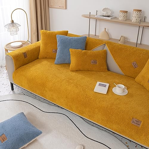 Yidaxing Sofabezug Samt 1 2 3 4 Sitzer, Weicher Couchbezug L Form, Anti-rutsch Sofaüberwurf, Cuddly Sofahusse Sofa überzug Ecksofa, Sofaschoner für Hunde(Gelb,90x90cm)
