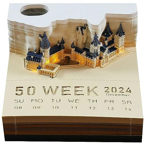 3D-Notizblock, 2024 Tischkalender-Notizblock, 3D-Magic Castle-Wochenkalender mit Licht und Stifthalter, 3D-Kunst, kreatives Papierskulptur-Bastel-DIY-Geschenk (Kalender 2024)