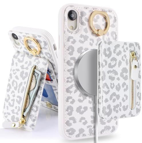SailorTech iPhone XR Phone Case with Card Holder, iPhone XR Case Magsafe Ring Stand with Kickstand Card Slots Wallet Detachable 2-in-1 Zipper Case - White Leopard