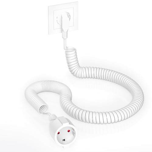 Schutzkontakt-Spiralverlängerung, 1,05 m auf 5m dehnbares Spiral-Kabel mit Schutzkontaktwickelstecker & Schutzkontaktkupplung, (230V/16A) PVC Verlängerungskabel, IP20, weiß