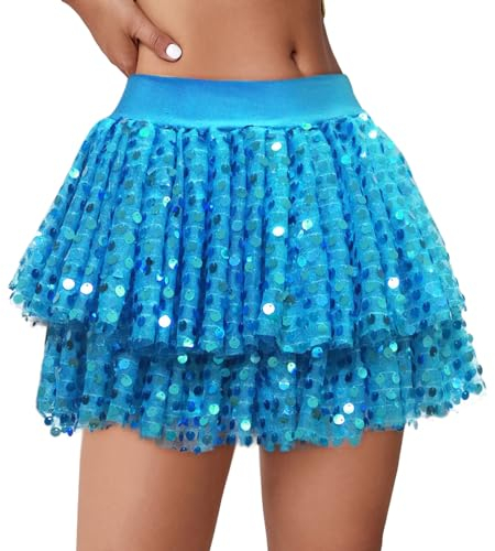 Tüllrock Damen - Glitzer Pailletten Braun 80er Jahre Tüll Rock Abendkleider Rot Grün Rosa für Karneval Party Tütü Faschingskostüme Kurz Schwarz Weiß Mini Rock Tüllrock