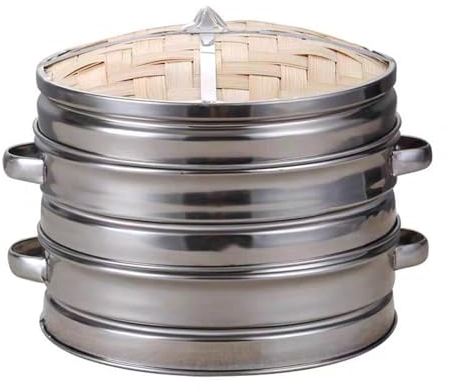 Bamboo Steam Cooker for Rice/Dim Sum - 2 Level Basket with Lid for Chinese Natural Rice Cook Stove - Home Kitchen/Restaurant Cooking Tool