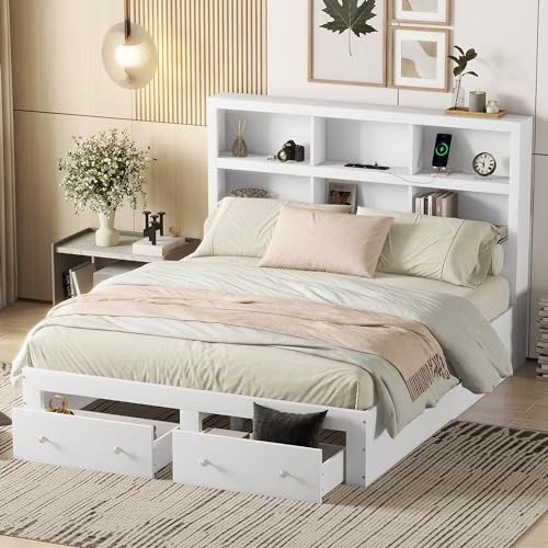 Rtopsu Doppelbett Holzbett 160x200 cm mit USB-Anschluss, Bett mit 2 Stauraum Schubladen und Kopfteil, Bettgestell mit Lattenrost aus Holz, Weiß, Ohne Matratze