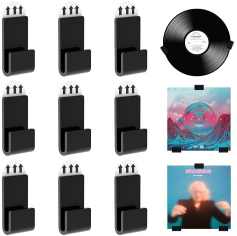 QOPAHI 9 Pcs Vinyl Wall Mount Stick On Acrylic Shelf, Self Adhesive Vinyl Record Display Album Storage Hanger Stylish Vinyl Frames for Wall Vinyl Holder for Home and Office(Black)