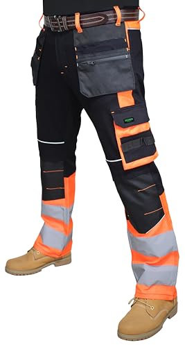 HASHOOB TRADING FZE Men’s Hi Vis Work Trousers with Reflective Tape High Visibility Multi Pocket Pants (M1HF-OR1, 34W X 34L) Orange